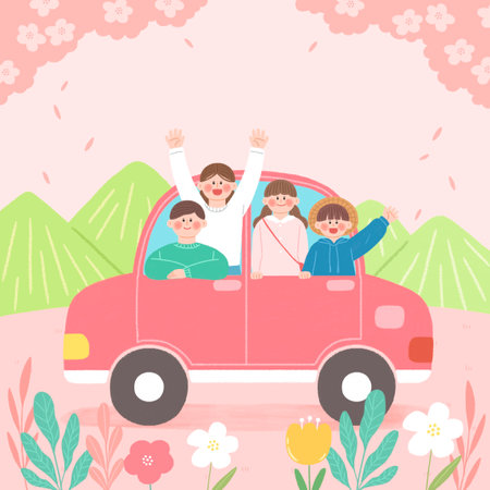 illustration of family enjoying spring driveのイラスト素材