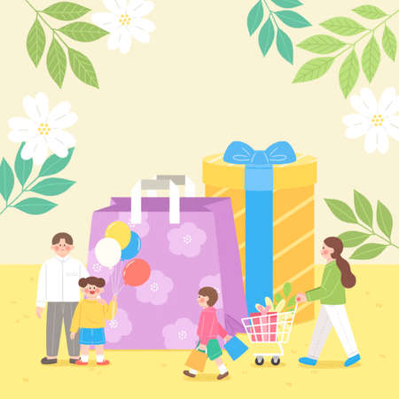 illustration of family enjoying spring shoppingのイラスト素材