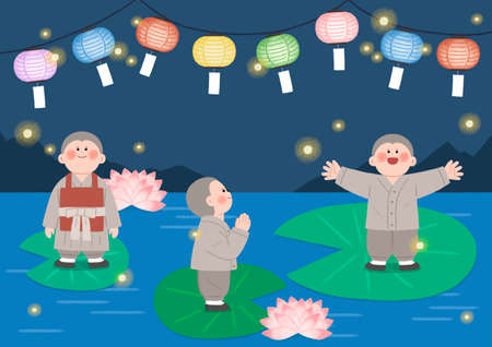 buddha's birthday, little children monks on lotus flowersのイラスト素材