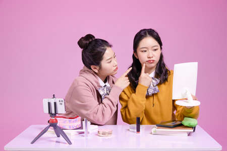 mz generation Asian Korean female hipster influencer, creator concept : who are worried about skinの写真素材