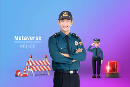 metaverse concept poster of 3d character and real person : police