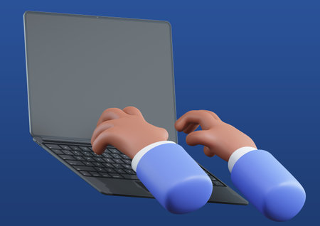 3d rendered hand motion : using laptop computerの写真素材