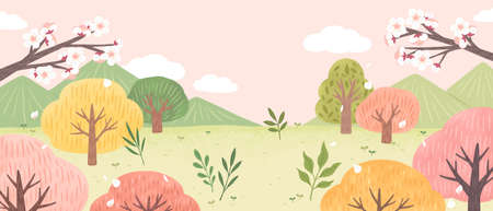 spring, colorful pink and yellow forest drawingのイラスト素材