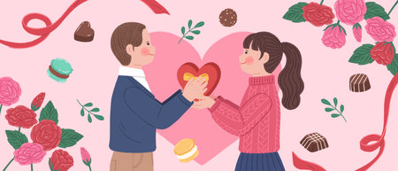cute couple drawing in heart, chocolate, candy backgroundのイラスト素材