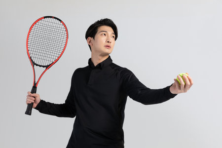 tennis sports player, asian korean man with racket, studioの写真素材