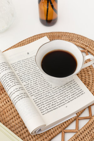 relax cozy objects and background with reading, coffeeeの写真素材