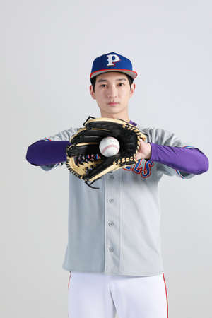 baseball sports player, asian korean man throwing and receiving ball