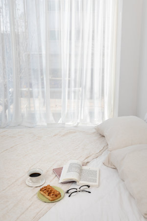 relax cozy objects and background with a book, pie, bedding