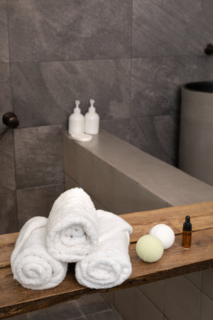 relax cozy objects and background with towel, diffuser, bathtubの写真素材