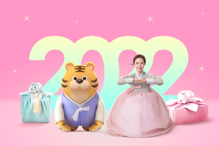 cute 3D graphic tiger character and Asian Korean woman in Hanbok