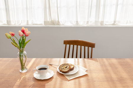 relax cozy objects and background with coffee, vase, bread