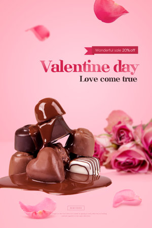 valentines love graphic poster with chocolates and flowersの写真素材