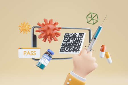 3D rendered graphic hand motion on mobile services, covid vaccine certificate QR pass