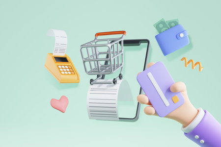 3D rendered graphic hand motion on mobile services, online shopping with credit card