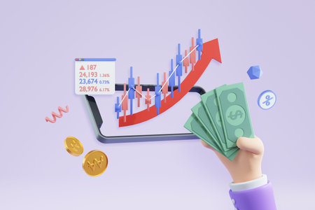 3D rendered graphic hand motion on mobile services, holding cash for stock investmentの写真素材