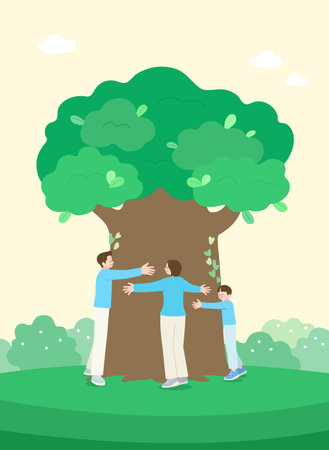 saving the earth, family hugging treesのイラスト素材