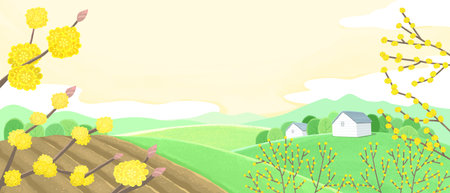 spring background with flowers and farmのイラスト素材