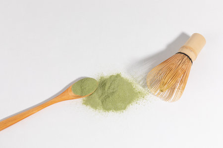 Matcha green tea powder and Chasen bamboo whiskの写真素材