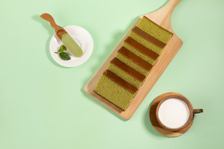 matcha green tea castella sponge cake and milkの写真素材