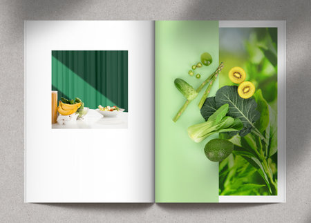 vegan food poster, brochure template with fresh vegetables from farmの写真素材