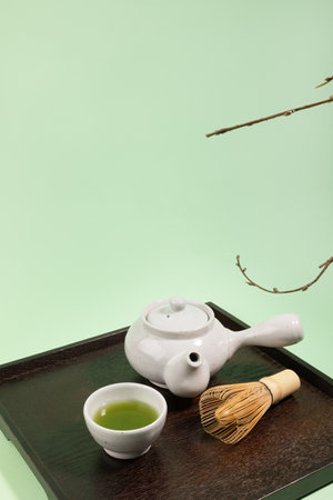 matcha green teapot and glass setの写真素材