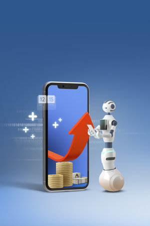 AI artificial investment graphic poster, smartphone and robotの写真素材