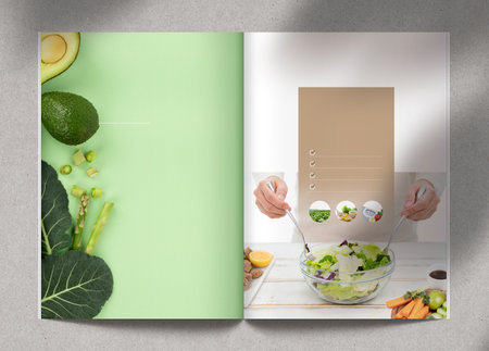 vegan food poster, brochure template with fresh vegetables green saladの写真素材