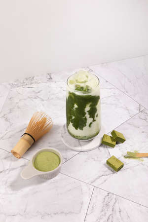 matcha green tea latte, dessert and chocolateの写真素材