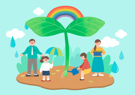family coliving, protecting earth, environment and nature illustrationのイラスト素材