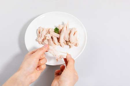hand motion to rip chicken breast, white backgroundの写真素材