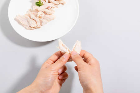 hand motion to rip chicken breast, white backgroundの写真素材
