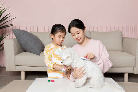 Asian Korean mother and daughter selfies with puppy dogの写真素材
