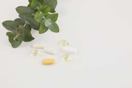 pills and plants, white background, medical creative concept photo