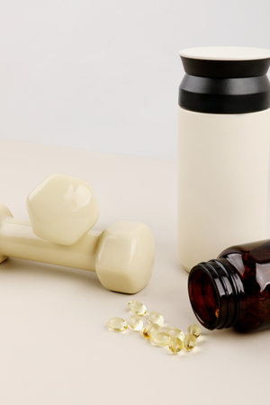 exercise equipment and pills, white background, medical creative concept photoの写真素材