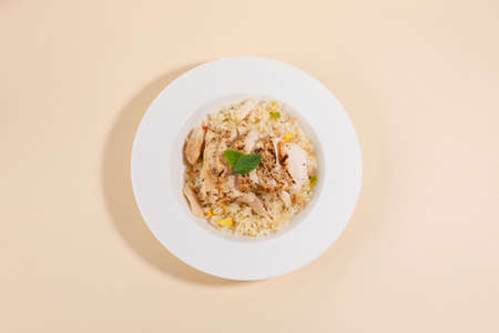 fried rice made of chicken breast, white backgroundの写真素材