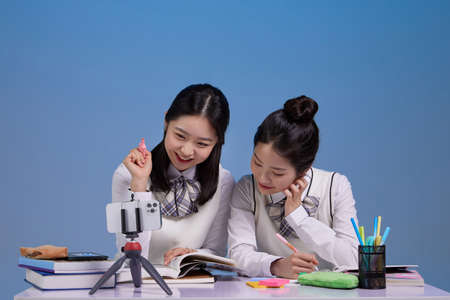 mz generation Asian Korean female hipster influencer, creator concept : who broadcast live broadcastsの写真素材