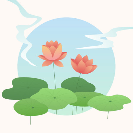 Vector illustration of lotus flowers and leaves.のイラスト素材