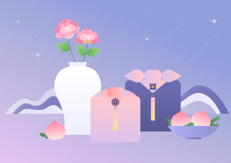 Korean traditional gift box,vase,and peach.のイラスト素材