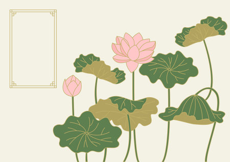 Vector illustration of Korean traditional painting with lotus flowers.のイラスト素材