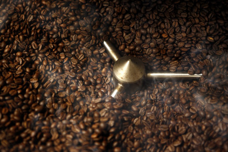 Fresh beans, delicious roasted coffee beans and smokeの写真素材