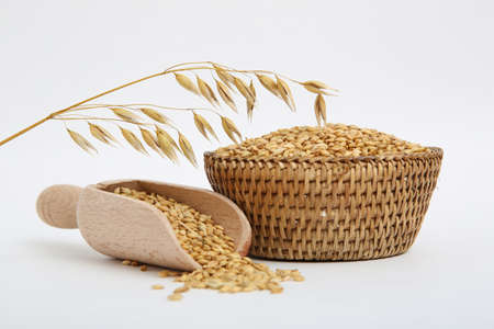 Oatmeal, a superfood for healthy nutrition, whole grain oats and well-being foodの写真素材
