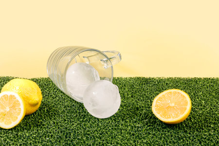 creative summer photo of ice cup and ice, yellow background
