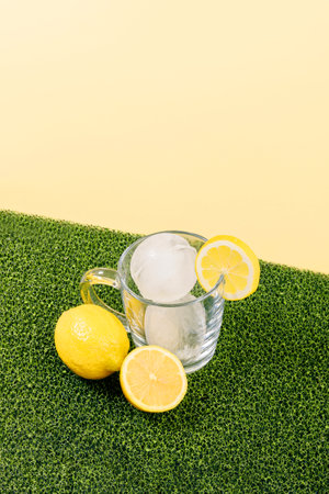 creative summer photo of ice, yellow backgroundの写真素材