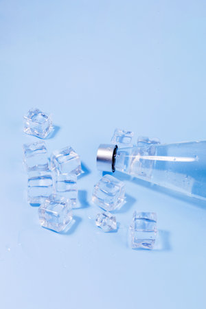 creative summer photo_water bottle and ice, blue backgroundの写真素材