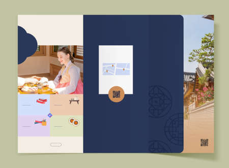 leaflet, brochure template of Caucasian girl experiencing Korean traditions such as Hanbok and Hanok