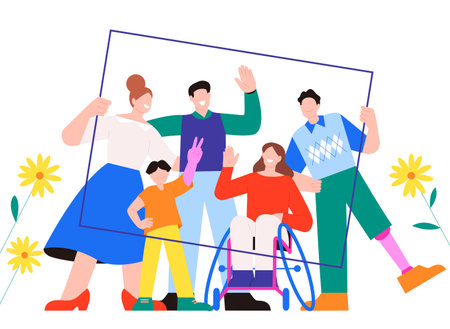 Illustration of disabled and non-disabled people_taking family photoのイラスト素材