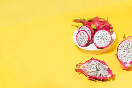 Tropical Fruits_White plate and Dragon fruitsの写真素材