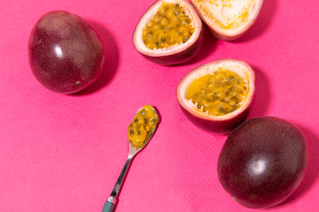 Tropical Fruits_ passionfruit and dishの写真素材