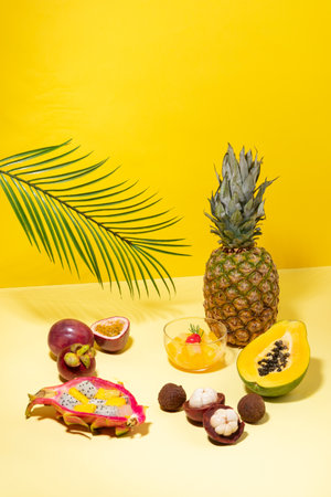 Tropical Fruits_Pineapple, dragon fruit, mangosteen, banana,tropical leavesの写真素材