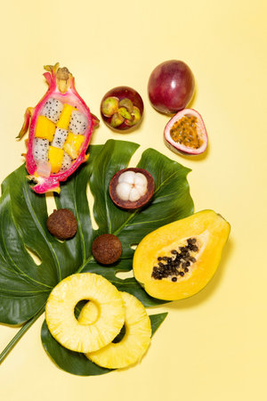 Tropical Fruits_Pineapple, dragon fruit, mangosteen, banana,tropical leaves